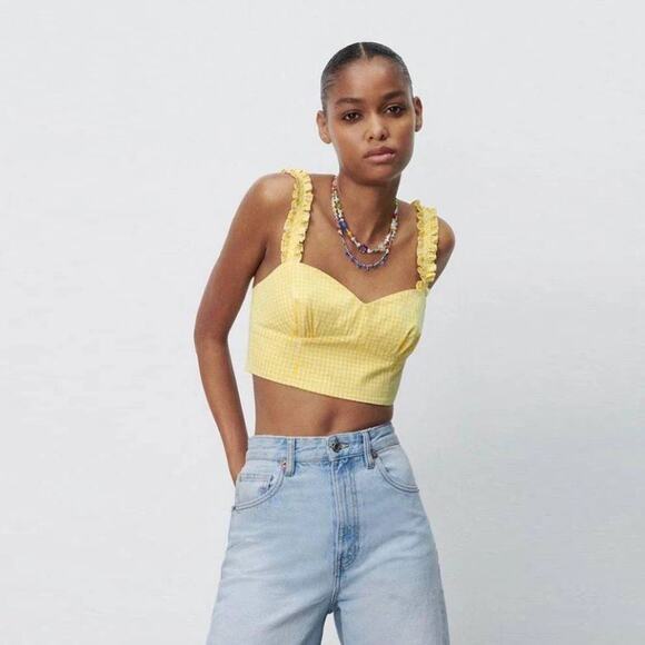 Zara Yellow Gingham Checkered Ruffle Smocked Cami Sleeveless Crop Top Size M - Picture 1 of 7